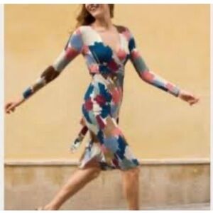 Boden Elodie Jersey Wrap Dress Womens 8 Navy Blue Floral Long Sleeve Colorblock